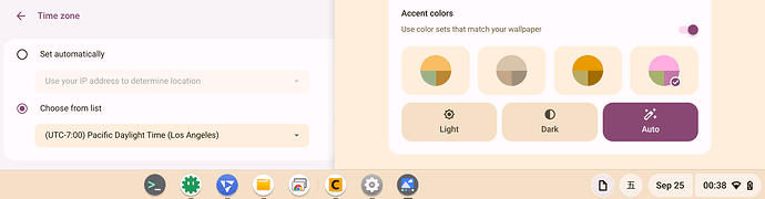 At local time 00:38, "Auto" theme sets light theme, but dark is expected